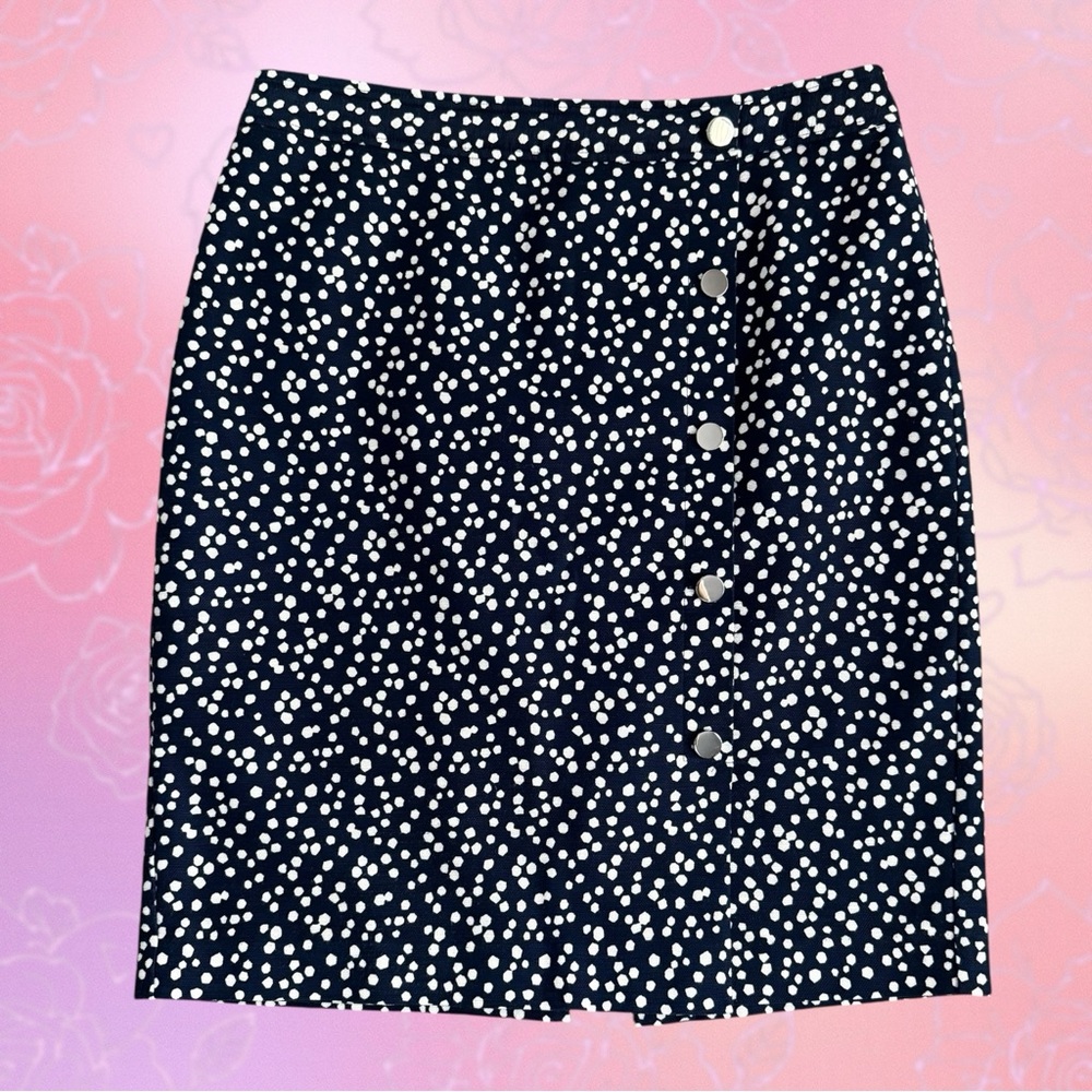 Talbots Navy/White Dot Cotton Blend Pencil Skirt w/Faux Silver Buttons Size 10